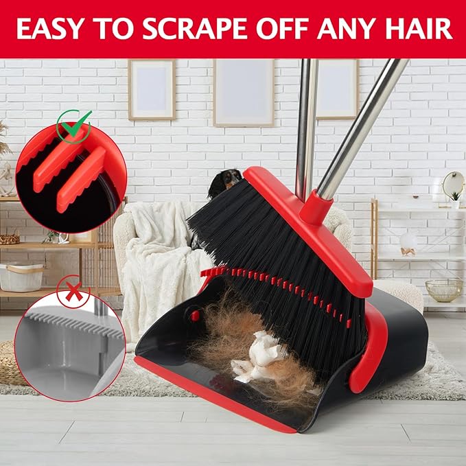 Broom and Dustpan Set with Long Handle, Heavy Dust Broom and Dustpan Combo for Home，Kitchen, Office, Pet Hair (Black Red)