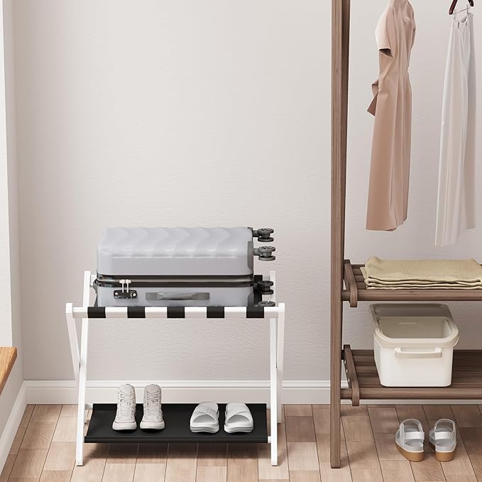 Smuxee White Bamboo Luggage Rack for Guest Room, Foldable Suitcase Stand with Storage Shelf, Easily Assembled Luggage Stand with 5 Nylon Straps for Guest Room Bedroom Hotel