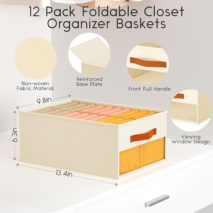 Homsorout Drawer Organizers and Storage - 12 Pack Foldable Pants Organizer with Clear Window & Handles, Fabric Closet Organizer for Clothes, Jeans, Sweaters, Towels, T-shirt, Scarf (Beige)