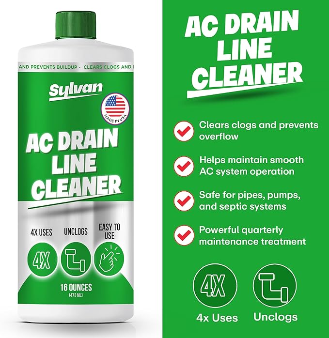 Sylvan AC Drain Line Cleaner | 2x 16 Oz (8 Uses) | 12 Month Supply | Made in USA | Universal Compatibility | Removes Clogs and Buildup from HVAC Condensate Lines | Air Conditioner Unclogger