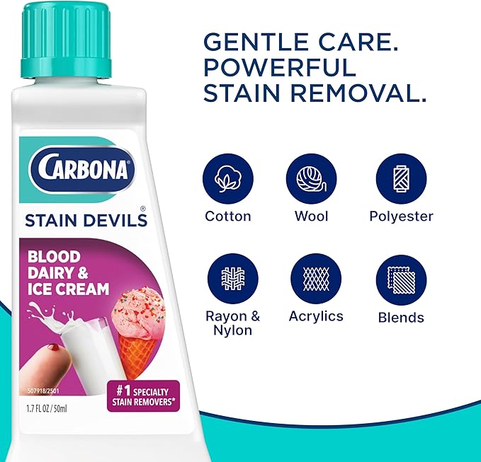 Carbona Stain Devils® #4 | Blood, Dairy & Ice Cream | Professional Strength Laundry Stain Remover | Multi-Fabric Cleaner | Safe On Skin & Washable Fabrics | 1.7 Fl Oz, 1 Pack