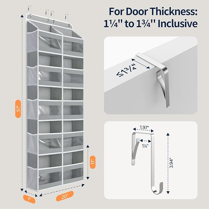 Yecaye 5-Tier Over The Door Organizer Dual-Column, 80lbs Load Over The Door Storage of 10 Compartments, Heavy Duty Door Organizer Hanging for Bedroom Closet Dorm Bathroom Pantry, Grey 1 Pack