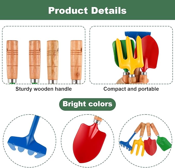 16 Pcs Gardening Tools Metal Garden Beach Sandbox Digging Including Shovel, Rake, Fork and Trowel, Garden Beach Sand Tools with Wooden Handle Hoe for Gift Outdoor Gardening