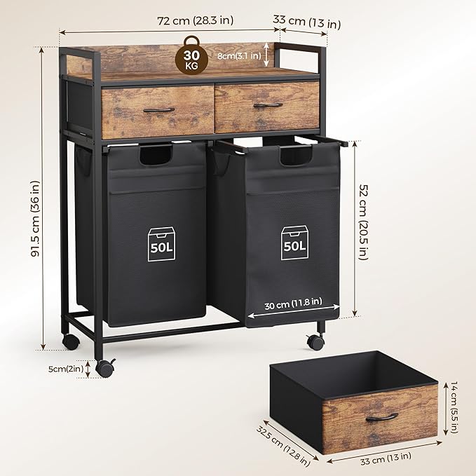 Mondeer Laundry Sorter with 2 Drawers, 100L with Pull-Out Removable Laundry Bags, Laundry Hamper Baskets with 2 Section and Wheels, Rustic Brown and Black