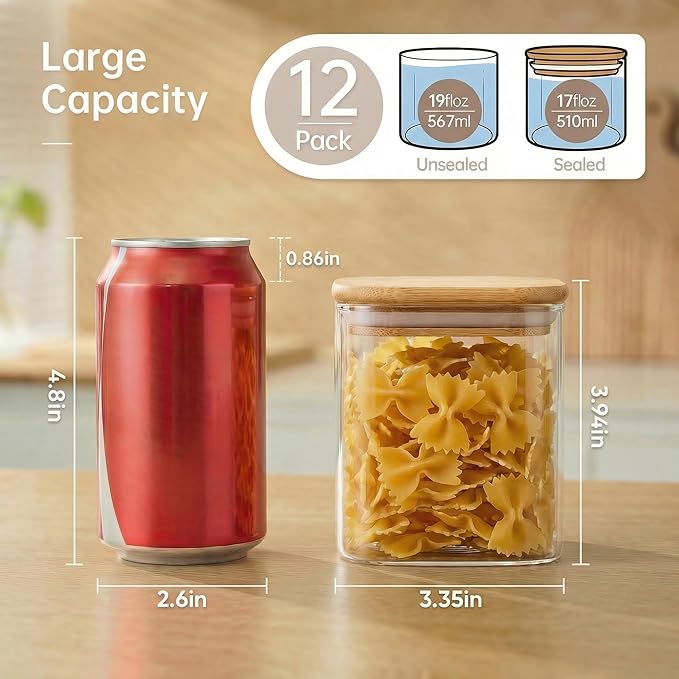 HomArtist Square Glass Jars with Bamboo Lids 17 FL OZ [Set of 12], Glass Canisters with Airtight Lids, Glass Food Storage Containers for Spice, Sugar, Tea, Candies, Cookies, Best for Kitchen & Pantry