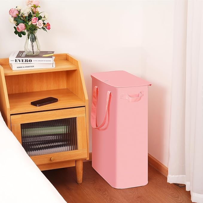 efluky Slim Laundry Basket with Lid, Narrow Laundry Hamper with Handles, Collapsible Dirty Clothes Hamper, Tall Laundry Bin for Laundry Room, Dorm and Bedroom, 55L Pink