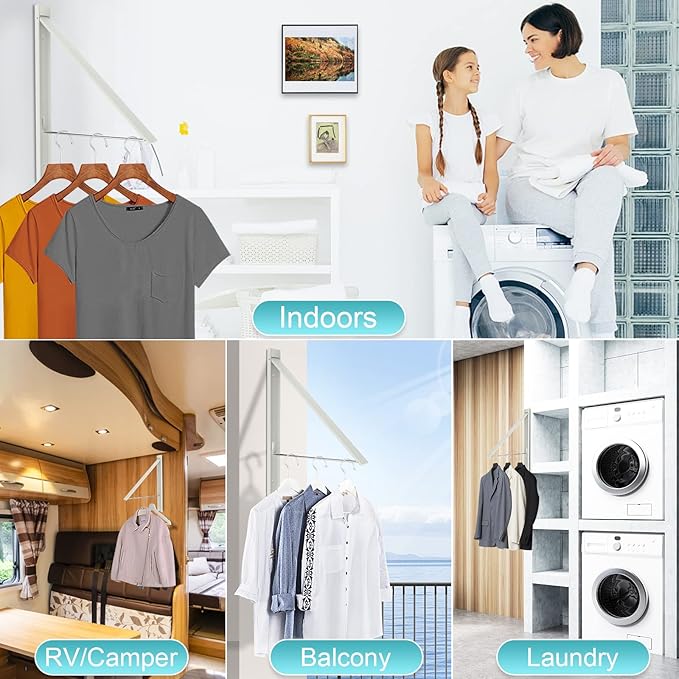 Ithywat Retractable Clothes Drying Rack，Space Saver Wall Mounted Folding Hanger for Laundry Room, Closet Storage Organization, Easy Installation Aluminum Dryer White