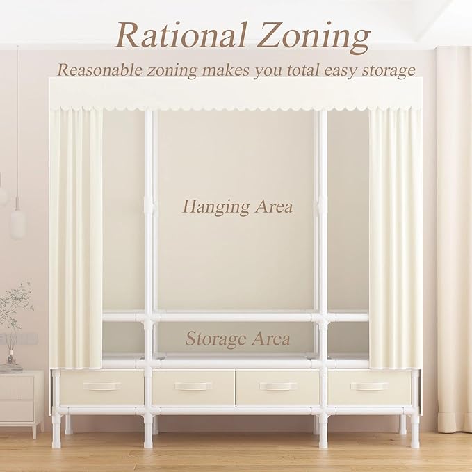 Portable Closet,Garment Rack,Heavy Duty Clothes Rack with Cover,Wardrobe Closet with 1 Hanging Rods, 2 Storage Shelves,27.5" L x 17.7" W x 67.7" H,Pale Yellow