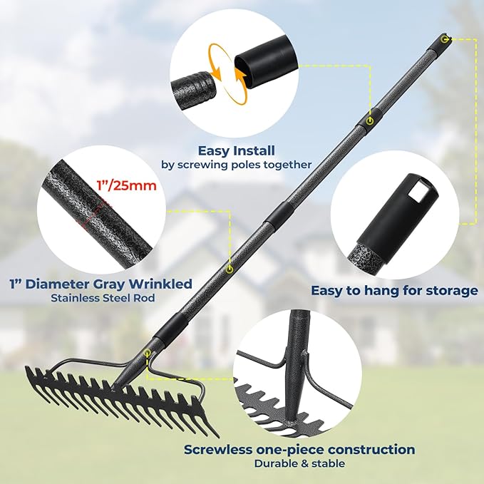 49“-77” Adjustable Rake, 17" Extra Wide Double-Sided Lightweight Head Garden Rake | Lightweight & Unbreakable | Level Soil, Remove Leaves, Spread Mulch Fast, Leaf Cleanup, Landscaping, Yard Cleanup