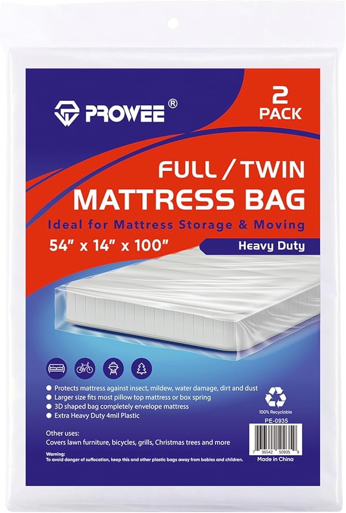 2 PK 4Mil Heavy Duty Full/Twin XL/Twin Mattress Bags for Moving,Clear Plastic Mattress Bags for Storage, Full/Twin Mattress Cover for Moving