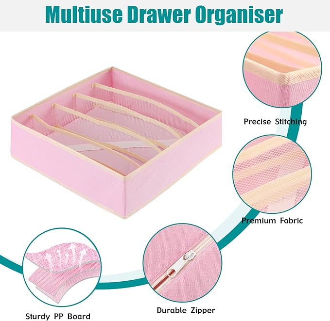 Drawer under Cabinet Clothes Organizer 5 Cell Foldable Storage Cubes Underwear Drawer Organizer Dividers Storage Boxes for Bra, Underwear（Pink）