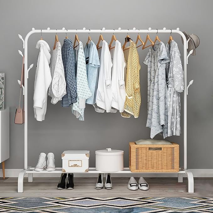 Wardrobe Closet, Portable Clothing Rack for Hanging Clothes,Clothing Storage Shelf,with Storage Shelves,for Cloakroom Bedroom, Design Good Load Bearing Non-Slip Corrosion Resistant White