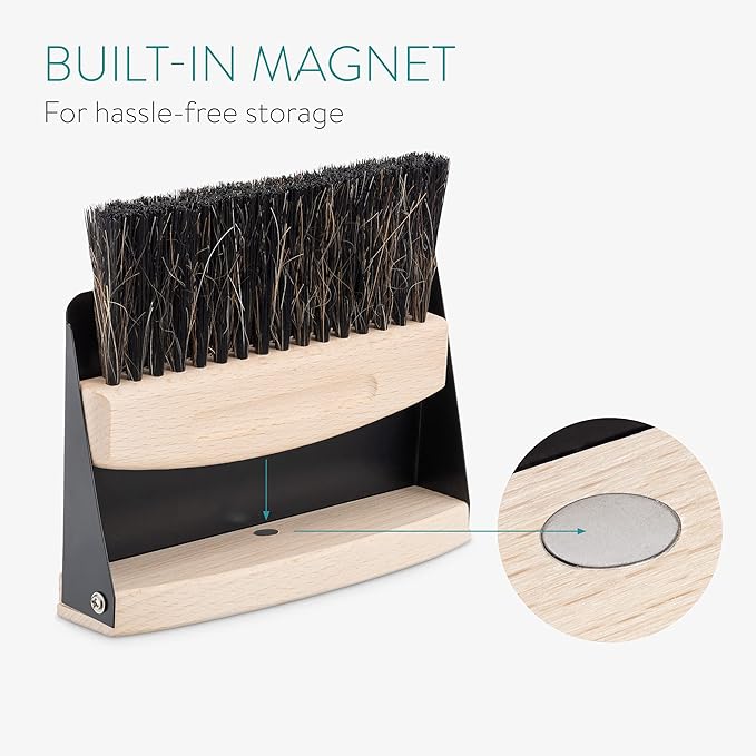 Navaris Small Dustpan and Brush Set - Wooden Mini Dust Pan Brush for Sweeping Table Tabletop - Compact Horsehair Brush for Sweeping Countertop - Black