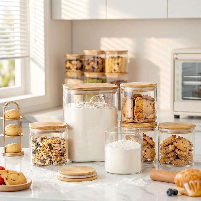 Extra Large Square Glass Flour & Sugar Storage Containers with Airtight Lids, 132oz & 63oz - 2 Pack Glass Jars with Bamboo Lids, Air tight Pantry Food Storage Containers for Cereal, Pasta, Rice