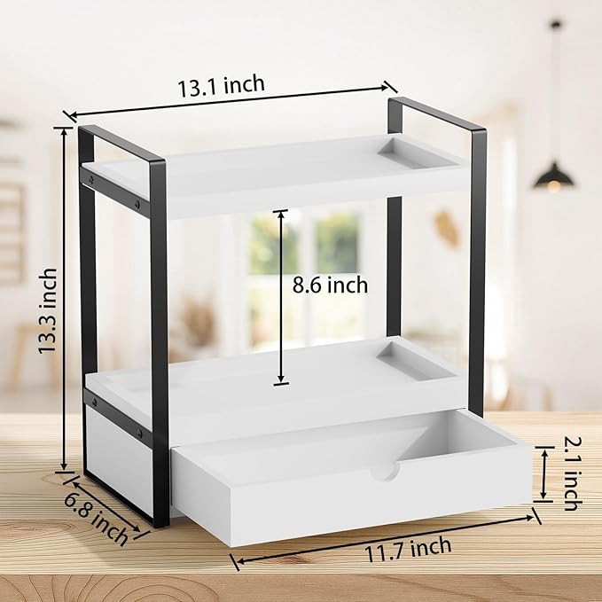 Boulphia 2-Tier Bathroom Organizer Countertop with Drawer, Wood Bathroom Counter Shelf for Storage, Vanity Organizer Countertop for Kitchen, Office