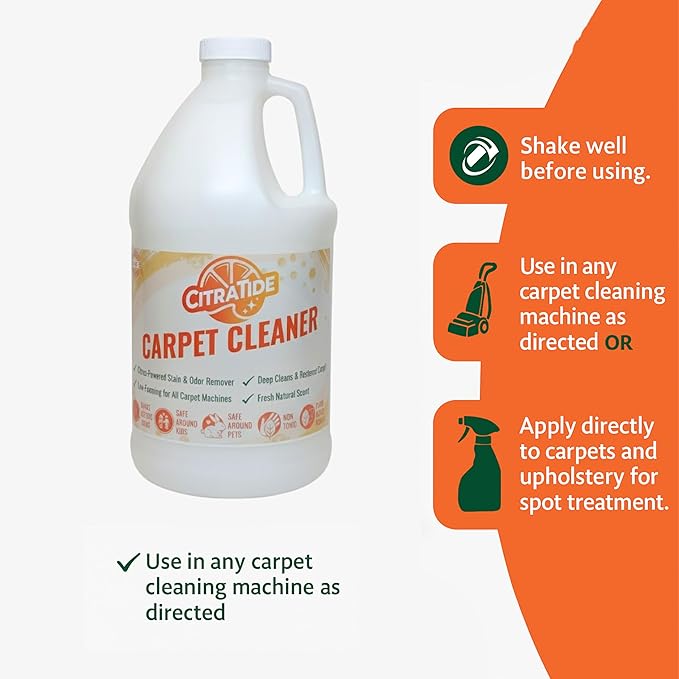 Carpet Cleaner Concentrate + Free Scouring brush – USA Made Enzymatic Citrus Formula for Carpets, Rugs & Upholstery – Eco-Friendly Pet Safe Deep Cleaner