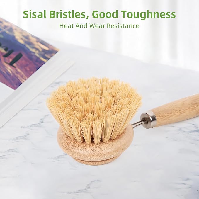 Bamboo Dish Brush - Bamboo Dish Scrubber, Eco-Friendly and Biodegradable, Vegetable Brush Suitable for Cookware, Bowls and Plates, Non-Stick Pans(Soft Bristle)