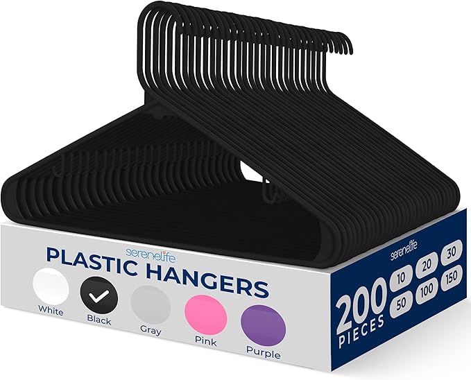 SereneLife Plastic Hangers 200 pcs, Non-Slip Heavy Duty Clothes Hanger Set with 360° Swivel Hook, Smooth Finish to Protect Fabric, Lightweight, Ultra-Thin Hangers for Coats and Other Clothes (Black)