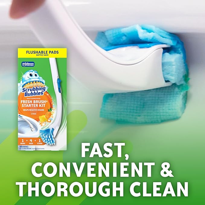 Scrubbing Bubbles Toilet Bowl Cleaning System with Flushable & Disposable Cleaner Refill Pads, Fights Odors and Helps Remove Limescale & Hard Water Stains, Citrus Scent, 1 Wand + 4 Refills + 1 Stand