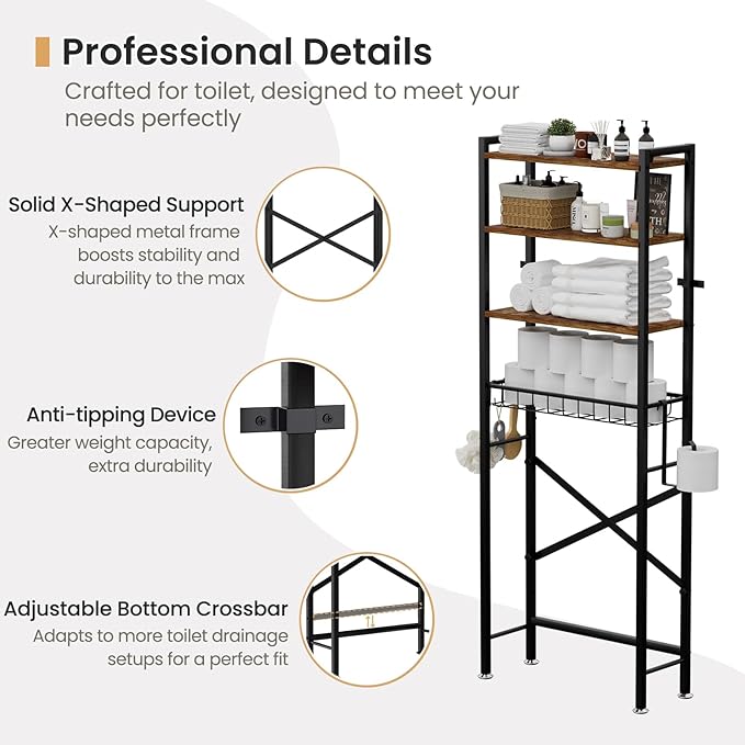 SwaaVee Over The Toilet Storage Cabinet, 4-Tier Bathroom Organizers and Storage with Adjustable Shelves, Freestanding Over-The-Toilet Shelf for Restroom, Laundry, Rustic Brown