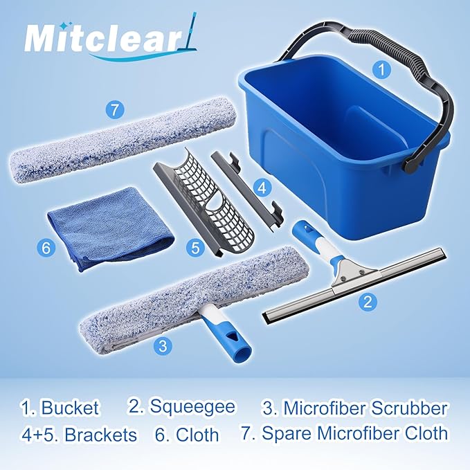 Professional Window Cleaning Kit, Include Compact Cleaning Bucket 3 Gallon, Silicone Squeegee, Microfiber Scrubber, Cloth, All-in-one Window Cleaning Supplies, Commercial & Household Use
