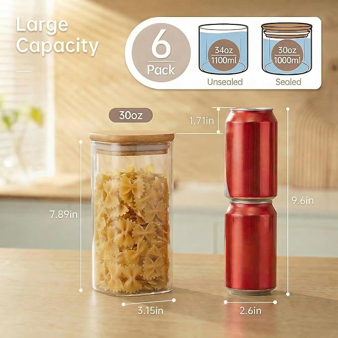 HomArtist Square Glass Jars with Bamboo Lids 30 FL OZ [Set of 6], Glass Canisters with Airtight Lid, Glass Food Storage Container for Pasta, Flour, Sugar, Rice, Best for Kitchen & Pantry