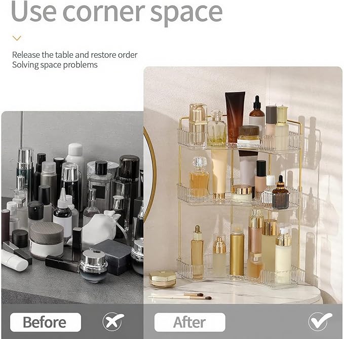 INVSSENE Corner Bathroom Countertop Organizer, Vanity Trays for Counter, Makeup Organizers, Perfume Tray, Kitchen Spice Rack, (Clear, 3 Tiers)
