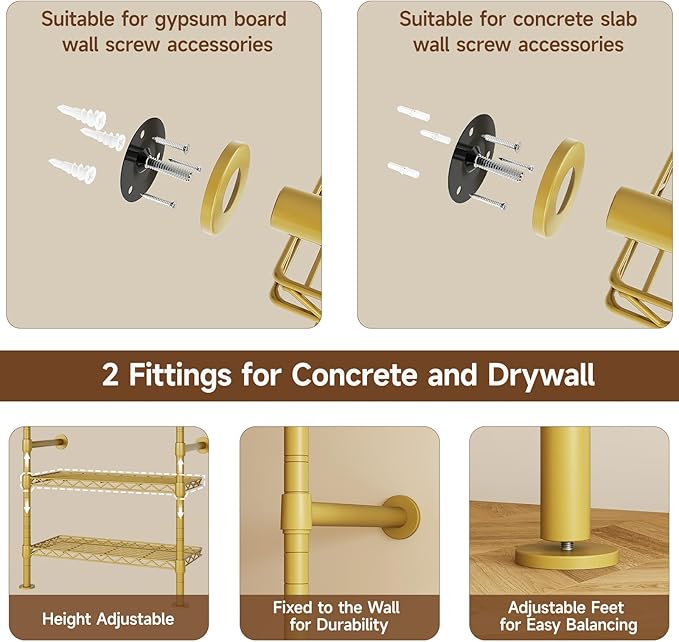 ONBRILL H2 Wall Mounted Clothing Rack, Expandable Industrial Pipe Clothes Rack Garment Racks for Hanging Clothes, Heavy Duty Closet Organizers and Storage in Closet System, Gold