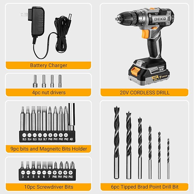 Power Drill Cordless: DEKOPRO Cordless Drill 20V Electric Power Drills Set Tool Drills Cord-less Set with Battery and Charger