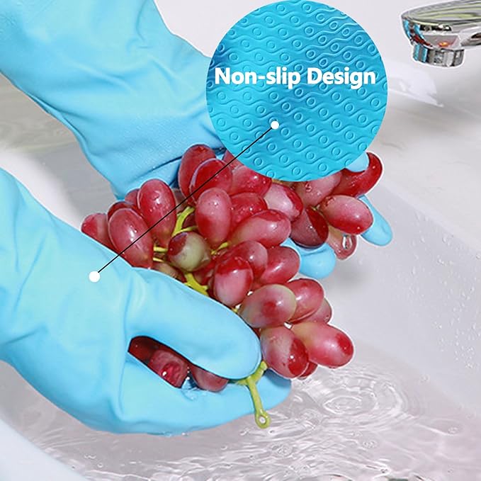 KINGFINGER Dishwashing Cleaning Gloves, 2 Pairs Reusable Rubber Gloves PVC Latex-Free Waterproof Long Cuff and Flock Lining Household Cleaning Glove(Blue + Purple)