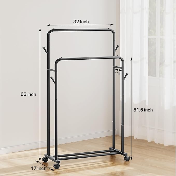 Delamu Clothes Rack, Double Rods Clothing Rack for Hanging Clothes, Metal Garment Rack with Rolling Wheels, Portable Wardrobe Closet Rack for Coat, Bedroom, Laundry, Black