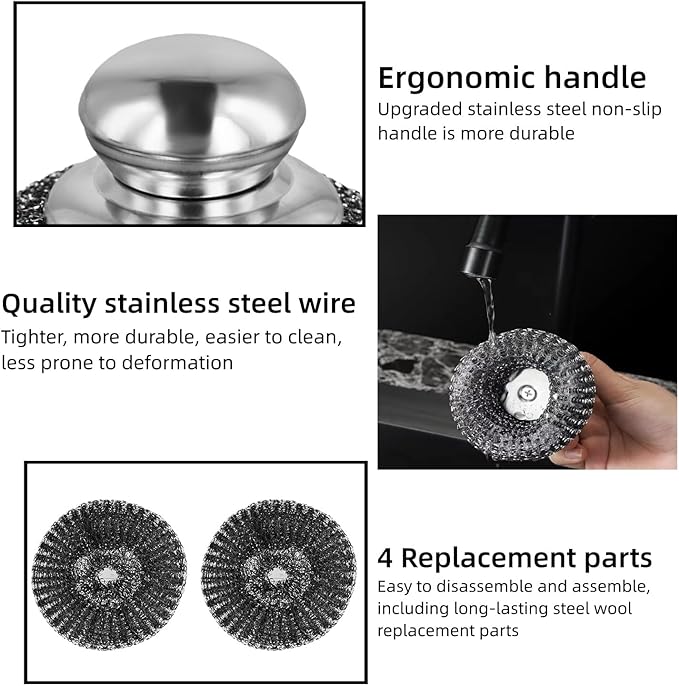 6 Pcs Steel Wool Scrubber, Stainless Steel Scrubber Pads for Cleaning Dishes, Cast Iron, Grill, Stove, Oven, Sink, Stubborn Messes (2 Scrubber with Handled + 4 Pads)