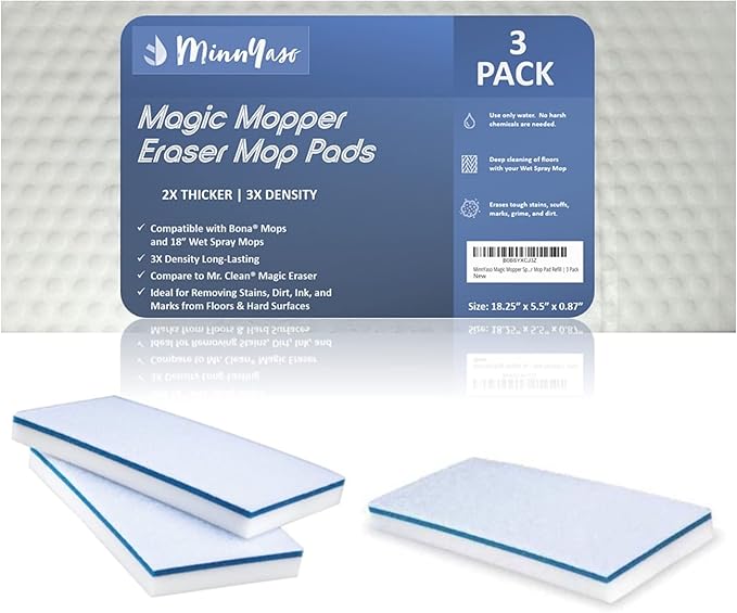 Magic Mopper Sponge Eraser Mop Pad | Compatible with Bona and 18" Wet Mops | 18-inch Magic Sponge Eraser Pad Refill | 3 Pack