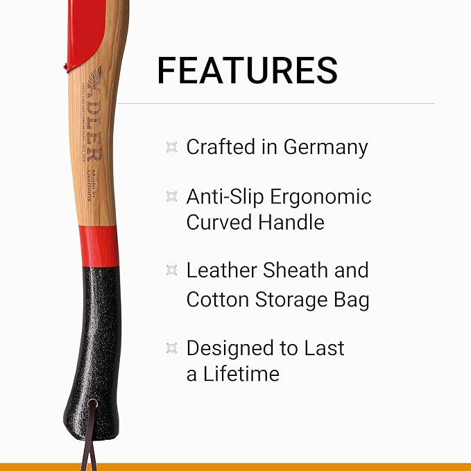 Adler - The Short Splitter, Hickory Wood, Leather Sheath, German Made, Anti-Slip Wood Splitting Axe, Head 2.7 pounds, Handle 19.6 inches