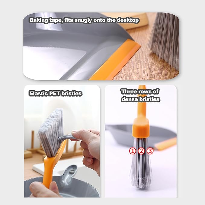 Mini Broom with Dustpan Combo Set Small Dust pan and Brush Set Quick Cleanup Debris Dust for Floor Countertop Worktop Desk Pet Cage (Grey+Orange)