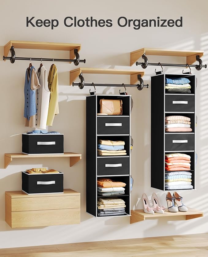 Pipishell Hanging Closet Organizer 6-Shelf, Hanging Shelves for Closet with 3 Removable Drawers & Side Pockets for Bedroom, Garment Rack and Wardrobe Organization, 12' x 12' x 43.3', Black
