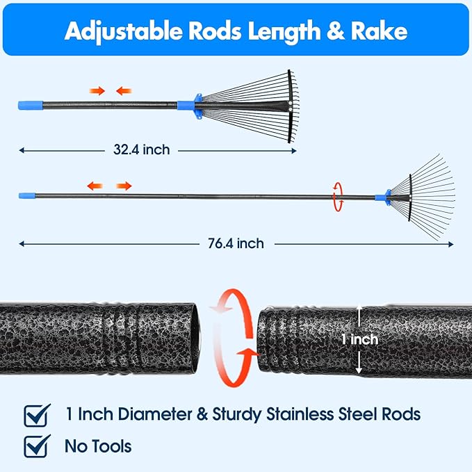 BsBsBest 75" Rake for Leaves with 18 Metal Tines 10-18" Expandable Head Rakes Adjustable Handle for Lawn Leaf Rake Yard Tools for Collecting Leaves, Grass Clippings, Garbage Blue