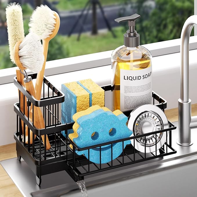 Consuemst Sponge Holder for Kitchen Sink - Auto Draining Sink Caddy Organizer with Detachable Rack, High Brush Holder, Kitchen Countertop Storage Accessories, Black