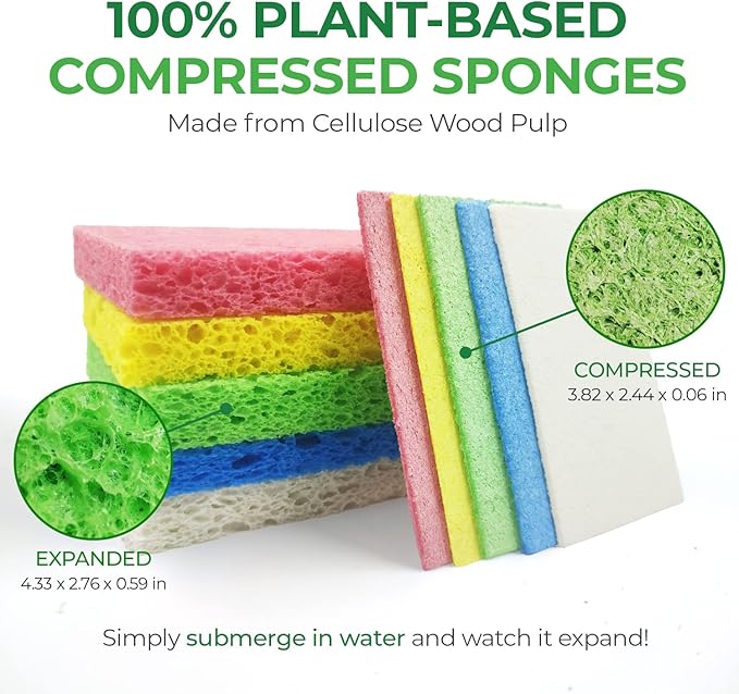 Compressed Cellulose Sponges - 16 Pack Natural Pop Up Dish Sponge for Kitchen - Compostable Plant-Based Cleaning Sponges Bulk – Non Scratch Natural Sponge for Dishes & Household Cleaning