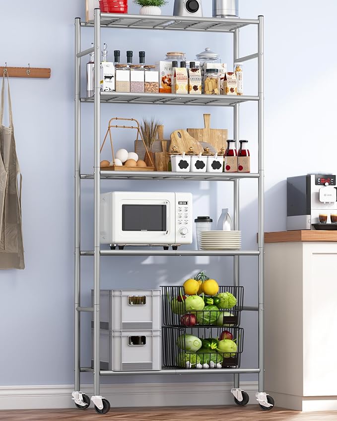 Sakugi Storage Shelves Organizer - 5 Tier Metal Shelf Organizer with Metal Wheels and Adjustable Leveling Feet, Heavy Duty Garage Shelving for Kitchen, Pantry and Closet, 33.1"x12.6"x73.5", Sliver