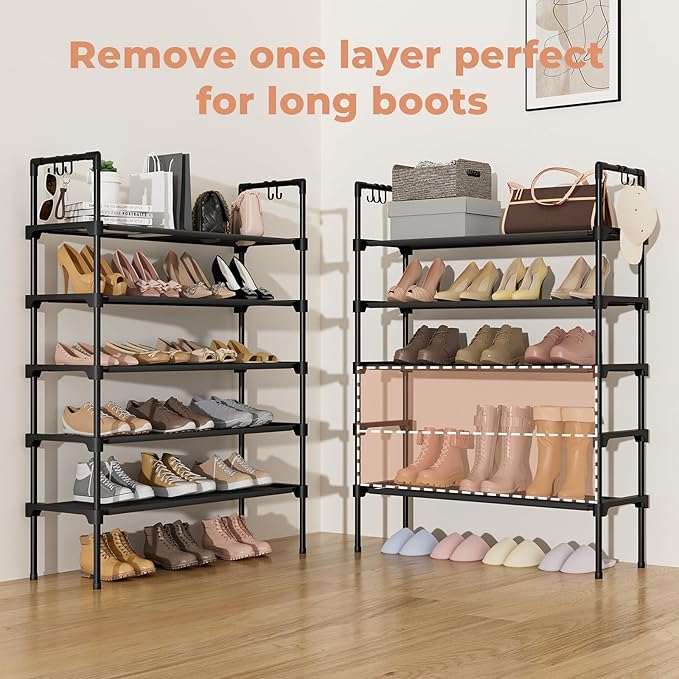 LANTEFUL 5 Tier Shoe Rack for Closet Shoe Organizer with 5 Hooks, Long Shoe Shelf Storage for Shoe and Boot Stackable Free Standing Shoe Rack for Entryway, Garage, Small Spaces, Dorm, Black