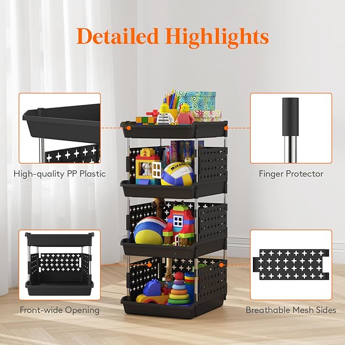 Lifewit Plastic Stackable Storage Baskets, 4 Tier Stacking Bins for Food and Clothes, Multifunctional Organizer for RV, Kitchen, Playroom, Pantry, Black, 35 x 30 x 72 cm/14 x 12 x 28 inch, 1 Pack