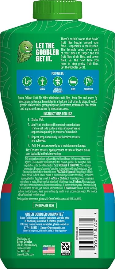 Green Gobbler Fruit Fly Killer+ - Kills Fruit Flies, Drain Flies & Sewer Flies, Gel Treatment for Use in Sinks & Pipes - Safe for Septic Systems, 32oz