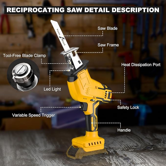 Cordless Reciprocating Saw for Dewalt 20V Battery, 150W Power Brush Reciprocating Saws, 0-3500 SPM Variable Speed, 4 Saw Blades Kit Cutting Tool for Wood Metal PVC (Battery Not Included)