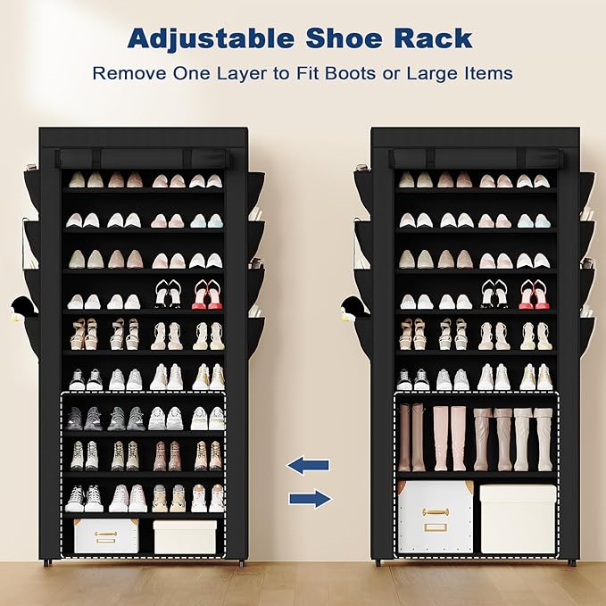 Mavivegue Shoe Rack with Cover, 10+1 Tier Tall Shoe Storage for 50-55 Pairs of Shoes, Shoe Organizer for Entryway, Closet