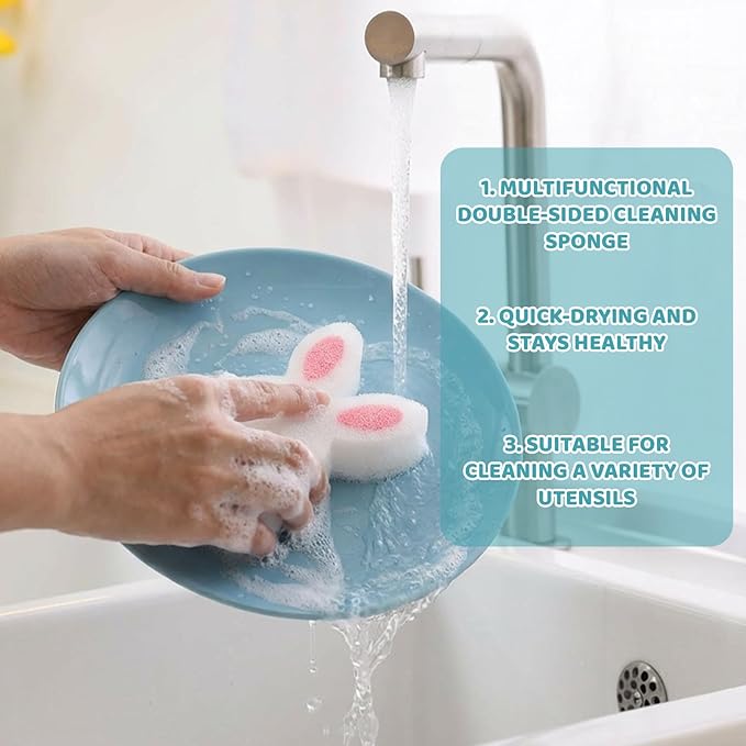 Tioncy 12 Pack Kitchen Sponges Bulk Dual Sided Scrubber Sponges Dishwashing Kitchen Cleaning Accessories for Household Supplies(Easter Bunny,White, Pink)