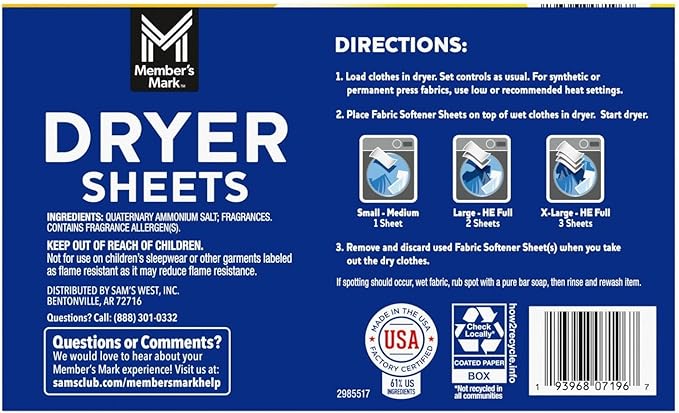 Member's Mark Fabric Softener Sheets (480 Count) (6 Pack)