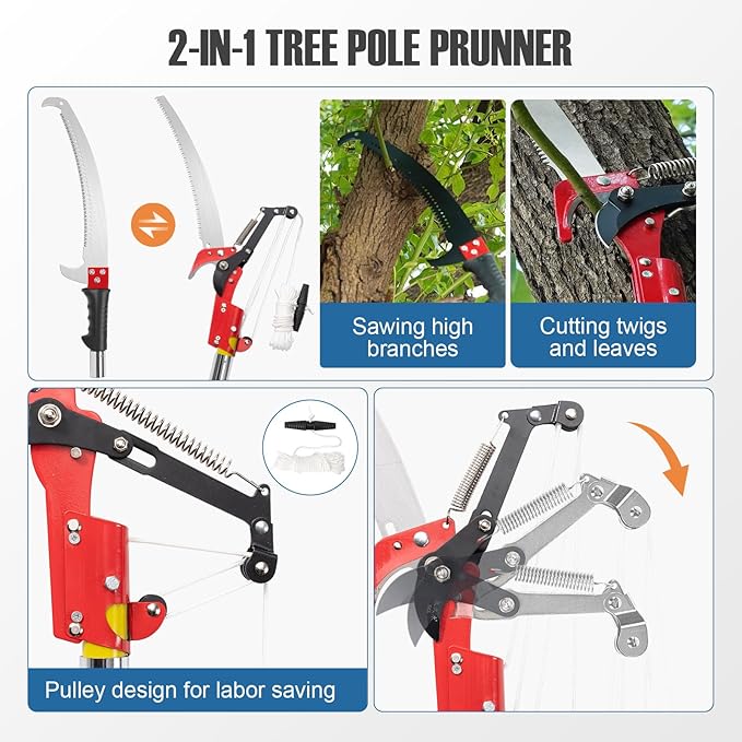 Manual Pole Saw, 7-30FT Pole Saws for Tree Trimming, SK5 and 65 Mn Steel Saw Blades Scissor Pruner Set, Tree Trimmers Long Handle Pruner for Backyard, Garden, Bush Cutting and Pruning of Palm Trees