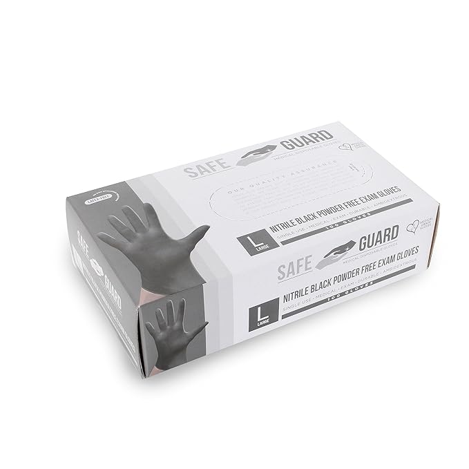 Safeguard, Nitrile Disposable Gloves, Powder Free, Latex Free, Box of 100 Gloves, Size Large, Black,100 Count(Pack of 1)