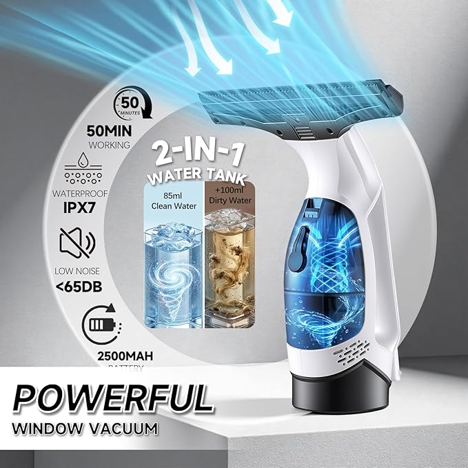 Electric Window Vacuum Squeegee Cordless 13", 2000Pa Electric Squeegee, 2200mAh Rechargeable Battery, 150ml Dirty Water Tank, Streak-Free Glass Cleaner for Shower Doors, Windows, Mirrors